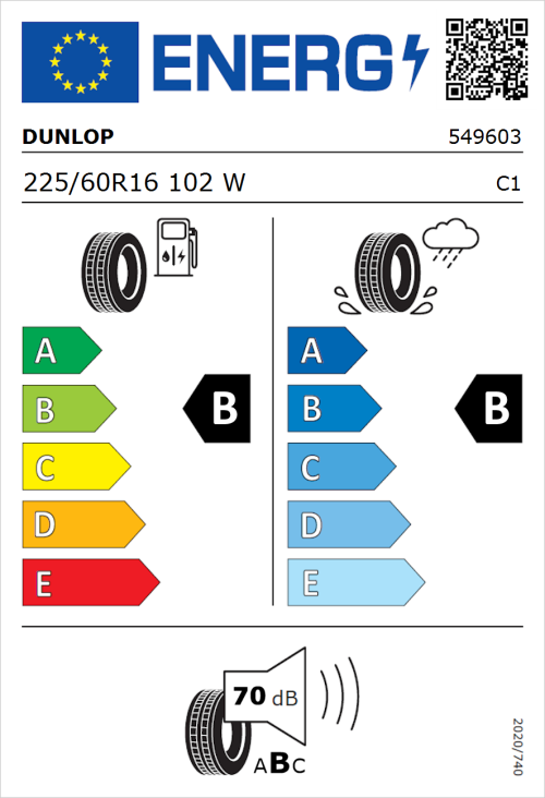 Tyre Label for Dunlop Sport BluResponse 225/60R16 102W