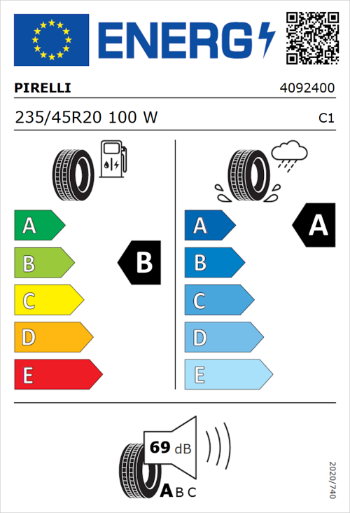 Tyre Label for Pirelli Scorpion 235/45R20 100W