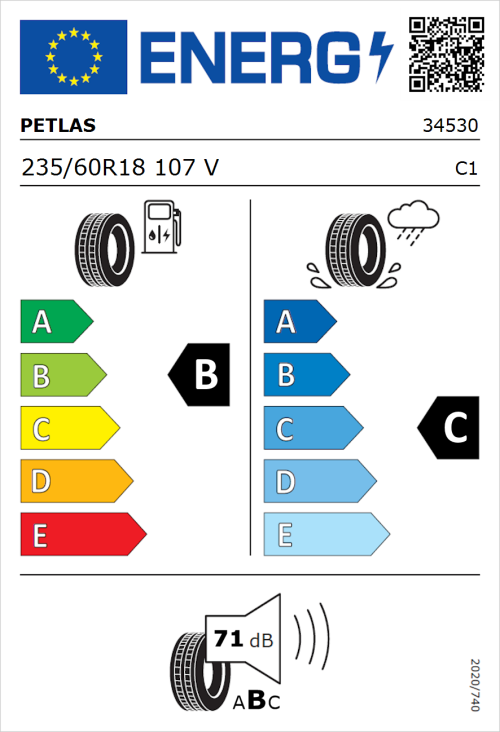 Tyre Label for Petlas Explero PT431 H/T 235/60R18 107V