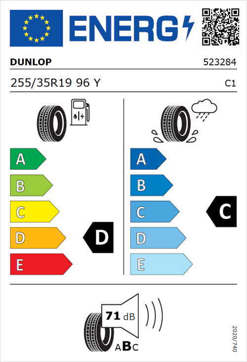 Tyre Label for Dunlop SP SPORTMAXX GT 255/35R19 96Y