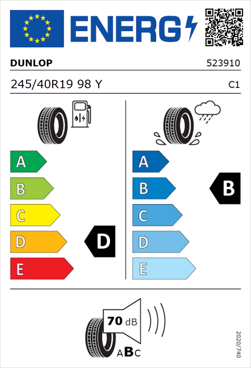 Tyre Label for Dunlop SP SPORTMAXX GT 245/40R19 98Y