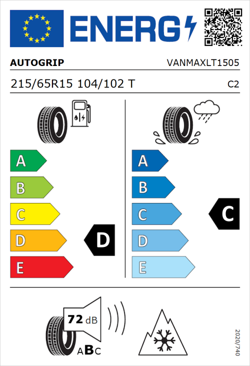 Tyre Label for Autogrip Vanmax 215/65R15 104/102T