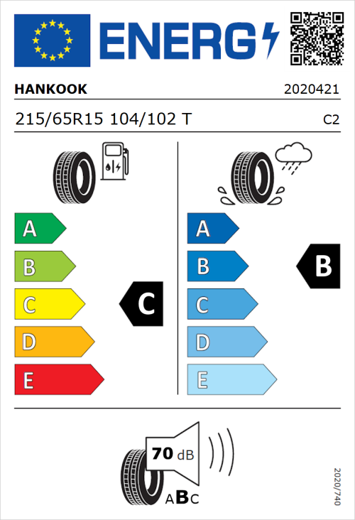 Tyre Label for Hankook Vantra LT RA18 215/65R15 104/102T